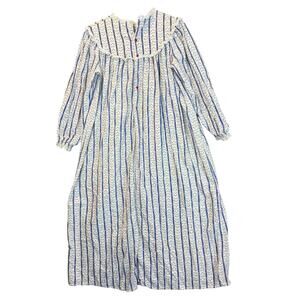 Lanz Salzburg Flannel Nightgown Floral Stripe Eyelet Heart Buttons Blue Red S